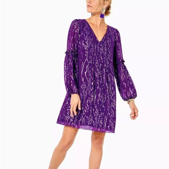 Lilly Pulitzer Cleme Silk Dress Purple Berry Fish Clip Chiffon Size 14 - Picture 1 of 11